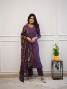 Royal Purple Zari Work Embroidery Cotton Straight Suit Set - BONYHUBSALWAR KAMEEZ