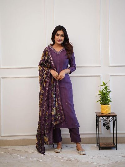 Royal Purple Zari Work Embroidery Cotton Straight Suit Set - BONYHUBSALWAR KAMEEZ