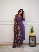 Royal Purple Zari Work Embroidery Cotton Straight Suit Set - BONYHUBSALWAR KAMEEZ