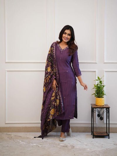 Royal Purple Zari Work Embroidery Cotton Straight Suit Set - BONYHUBSALWAR KAMEEZ