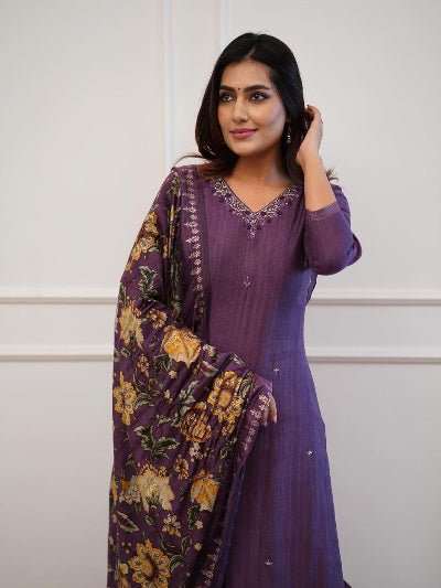 Royal Purple Zari Work Embroidery Cotton Straight Suit Set - BONYHUBSALWAR KAMEEZ