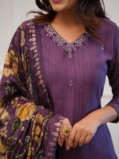 Royal Purple Zari Work Embroidery Cotton Straight Suit Set - BONYHUBSALWAR KAMEEZ