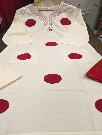 White Polka Handblock Pure Cotton Straight Suit Set - BONYHUBSALWAR KAMEEZ
