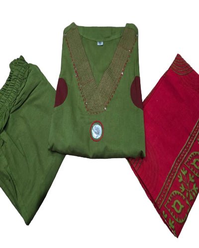 Green Polka Handblock Pure Cotton Straight Suit Set - BONYHUBSALWAR KAMEEZ