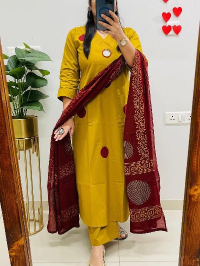 Mustard Yellow Polka Handblock Pure Cotton Straight Suit Set - BONYHUBSALWAR KAMEEZ