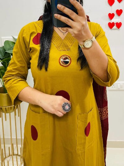 Mustard Yellow Polka Handblock Pure Cotton Straight Suit Set - BONYHUBSALWAR KAMEEZ