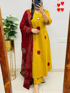 Mustard Yellow Polka Handblock Pure Cotton Straight Suit Set - BONYHUBSALWAR KAMEEZ