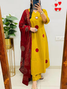 Mustard Yellow Polka Handblock Pure Cotton Straight Suit Set - BONYHUBSALWAR KAMEEZ