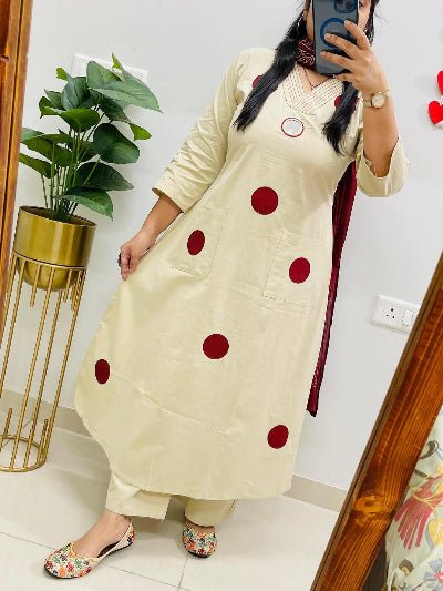 White Polka Handblock Pure Cotton Straight Suit Set - BONYHUBSALWAR KAMEEZ