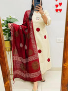 White Polka Handblock Pure Cotton Straight Suit Set - BONYHUBSALWAR KAMEEZ
