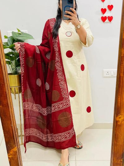White Polka Handblock Pure Cotton Straight Suit Set - BONYHUBSALWAR KAMEEZ