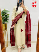 White Polka Handblock Pure Cotton Straight Suit Set - BONYHUBSALWAR KAMEEZ