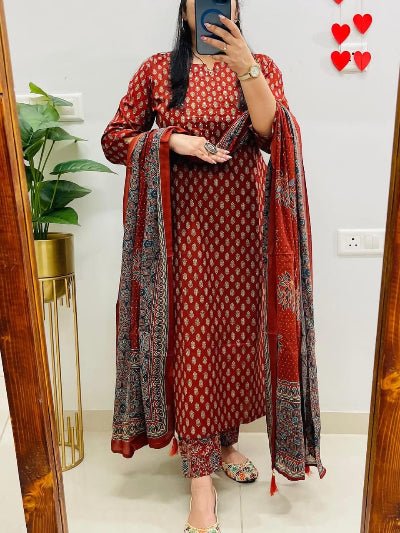 Red Jaipuri Embroidery Cotton Straight Suit - BONYHUBSALWAR KAMEEZ