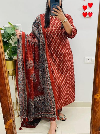 Red Jaipuri Embroidery Cotton Straight Suit - BONYHUBSALWAR KAMEEZ