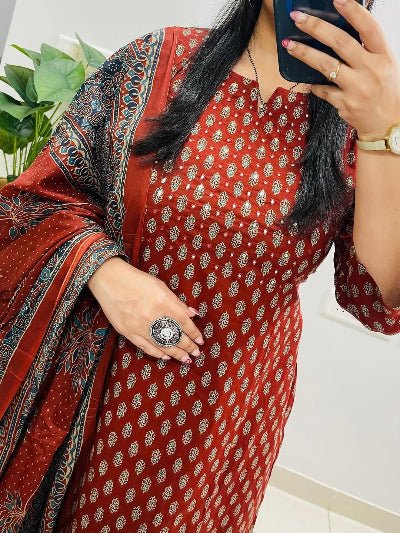 Red Jaipuri Embroidery Cotton Straight Suit - BONYHUBSALWAR KAMEEZ