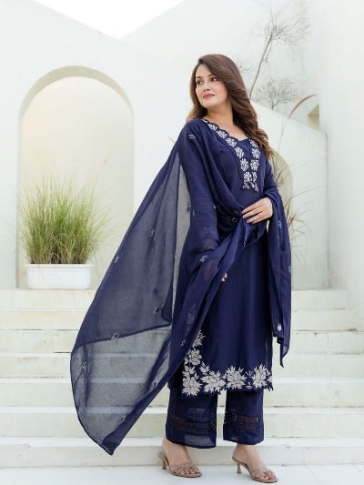 Royal Blue Embroidery Work Cotton Straight Suit - BONYHUBSALWAR KAMEEZ