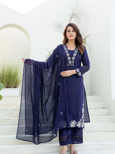 Royal Blue Embroidery Work Cotton Straight Suit - BONYHUBSALWAR KAMEEZ