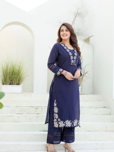 Royal Blue Embroidery Work Cotton Straight Suit - BONYHUBSALWAR KAMEEZ