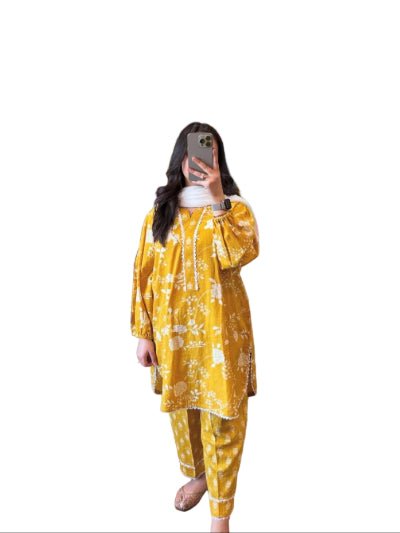 Trendy Yellow Katha Cotton Frock Style Suit - BONYHUBSALWAR KAMEEZ