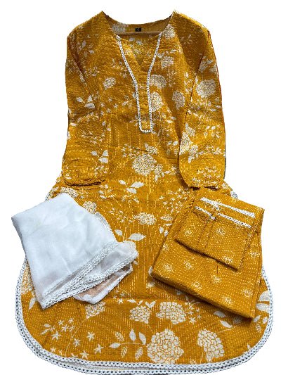 Trendy Yellow Katha Cotton Frock Style Suit - BONYHUBSALWAR KAMEEZ