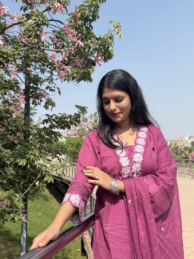 Mauve Pink Lace work Cotton Straight Suit Set - BONYHUBSALWAR KAMEEZ