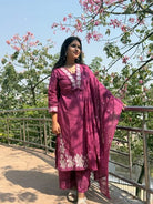 Mauve Pink Lace work Cotton Straight Suit Set - BONYHUBSALWAR KAMEEZ