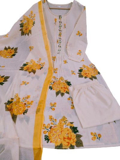 Elegant Cream Yellow Floral Cotton Straight Suit Set - BONYHUBSALWAR KAMEEZ