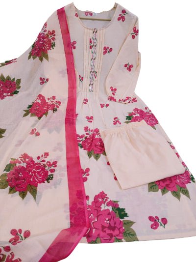 Elegant Cream Pink Floral Cotton Straight Suit Set - BONYHUBSALWAR KAMEEZ