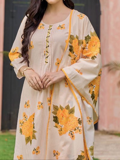 Elegant Cream Yellow Floral Cotton Straight Suit Set - BONYHUBSALWAR KAMEEZ