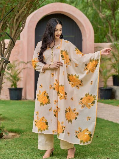 Elegant Cream Yellow Floral Cotton Straight Suit Set - BONYHUBSALWAR KAMEEZ