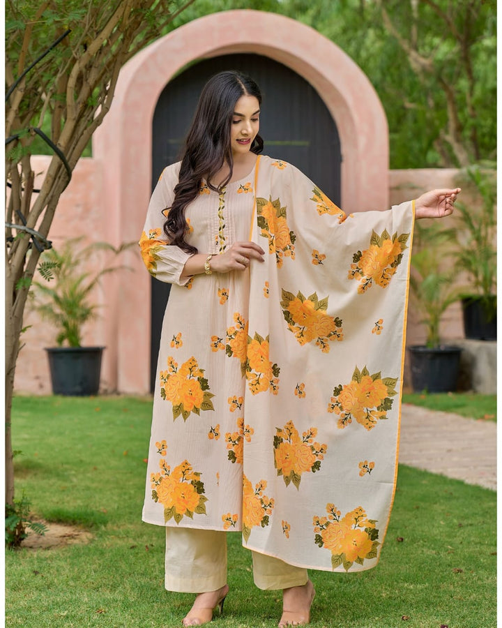 Elegant Cream Yellow Floral Cotton Straight Suit Set - BONYHUBSALWAR KAMEEZ