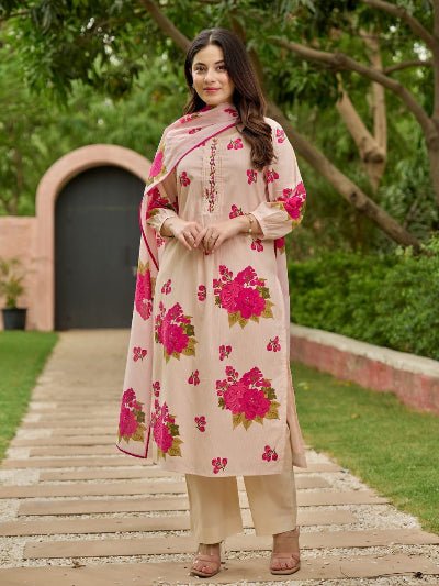 Elegant Cream Pink Floral Cotton Straight Suit Set - BONYHUBSALWAR KAMEEZ