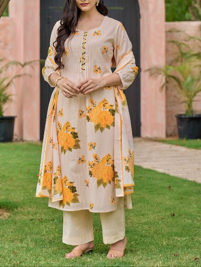 Elegant Cream Yellow Floral Cotton Straight Suit Set - BONYHUBSALWAR KAMEEZ