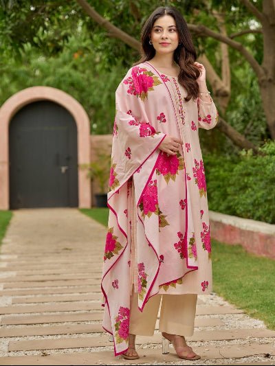Elegant Cream Pink Floral Cotton Straight Suit Set - BONYHUBSALWAR KAMEEZ