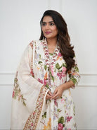 White Beautiful Floral Printed Cotton Anarkali Suit - BONYHUBSALWAR KAMEEZ