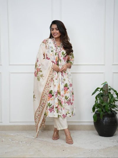 White Beautiful Floral Printed Cotton Anarkali Suit - BONYHUBSALWAR KAMEEZ
