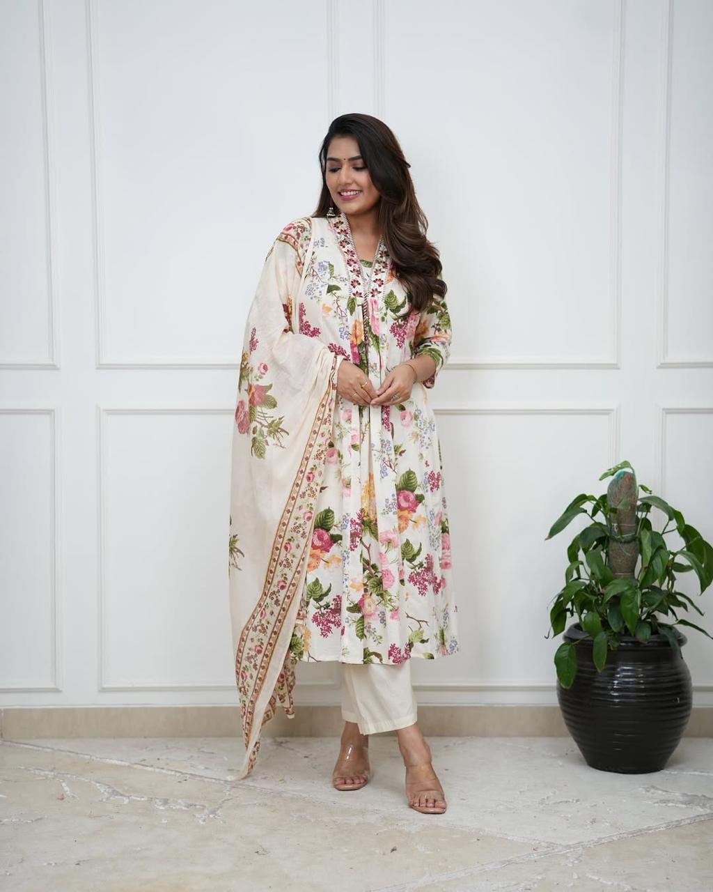 White Beautiful Floral Printed Cotton Anarkali Suit - BONYHUBSALWAR KAMEEZ