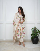 White Beautiful Floral Printed Cotton Anarkali Suit - BONYHUBSALWAR KAMEEZ