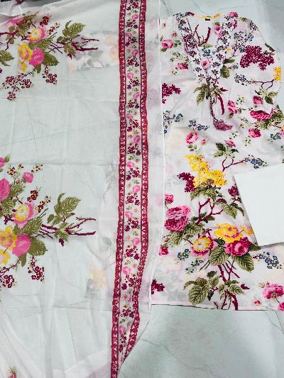 White Beautiful Floral Printed Cotton Anarkali Suit - BONYHUBSALWAR KAMEEZ