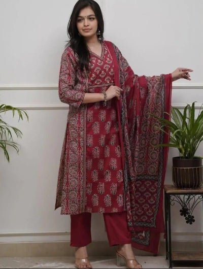 Royal Red MulMul Pure Cotton Straight Suit Set - BONYHUBSALWAR KAMEEZ