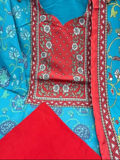 Blue & Red Silk Blend Printed Straight Suit Set - BONYHUBSALWAR KAMEEZ
