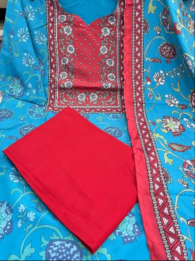 Blue & Red Silk Blend Printed Straight Suit Set - BONYHUBSALWAR KAMEEZ