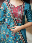 Blue & Red Silk Blend Printed Straight Suit Set - BONYHUBSALWAR KAMEEZ