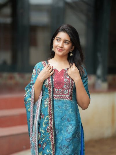 Blue & Red Silk Blend Printed Straight Suit Set - BONYHUBSALWAR KAMEEZ