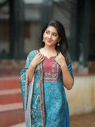 Blue & Red Silk Blend Printed Straight Suit Set - BONYHUBSALWAR KAMEEZ