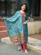 Blue & Red Silk Blend Printed Straight Suit Set - BONYHUBSALWAR KAMEEZ