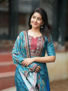 Blue & Red Silk Blend Printed Straight Suit Set - BONYHUBSALWAR KAMEEZ