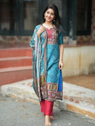 Blue & Red Silk Blend Printed Straight Suit Set - BONYHUBSALWAR KAMEEZ