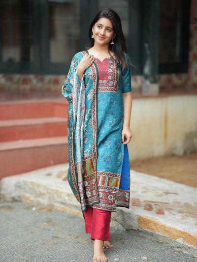 Blue & Red Silk Blend Printed Straight Suit Set - BONYHUBSALWAR KAMEEZ