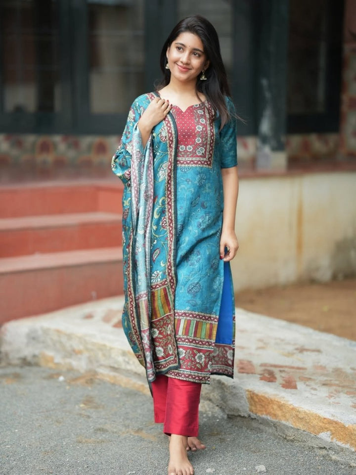 Blue & Red Silk Blend Printed Straight Suit Set - BONYHUBSALWAR KAMEEZ
